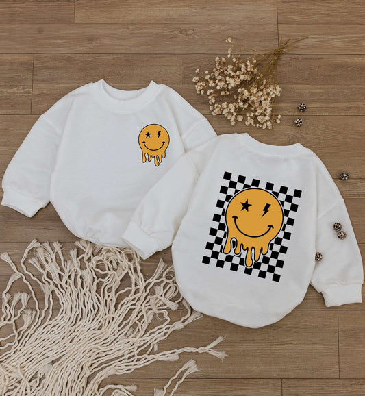 Retro Smiley Face Baby Romper Happy Face Bodysuit Cute Kids Outfit Checkered Sweatshirt Baby Shower Gift Newborn Clothes