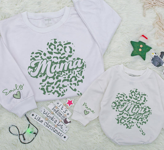 Leopard Leaf Mama and Mini Matching Sweatshirts, Cute Mom Daughter Outfits, St Patricks Day Mommy and Me, Baby Romper Gift, Soft Family Matching
