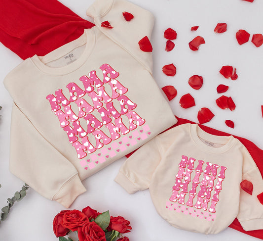 Personalized Mama Mini Matching Valentine Sweatshirt Set with Playful Pink Bubble Heart Letters Cozy Mom Daughter Baby Girl Gift