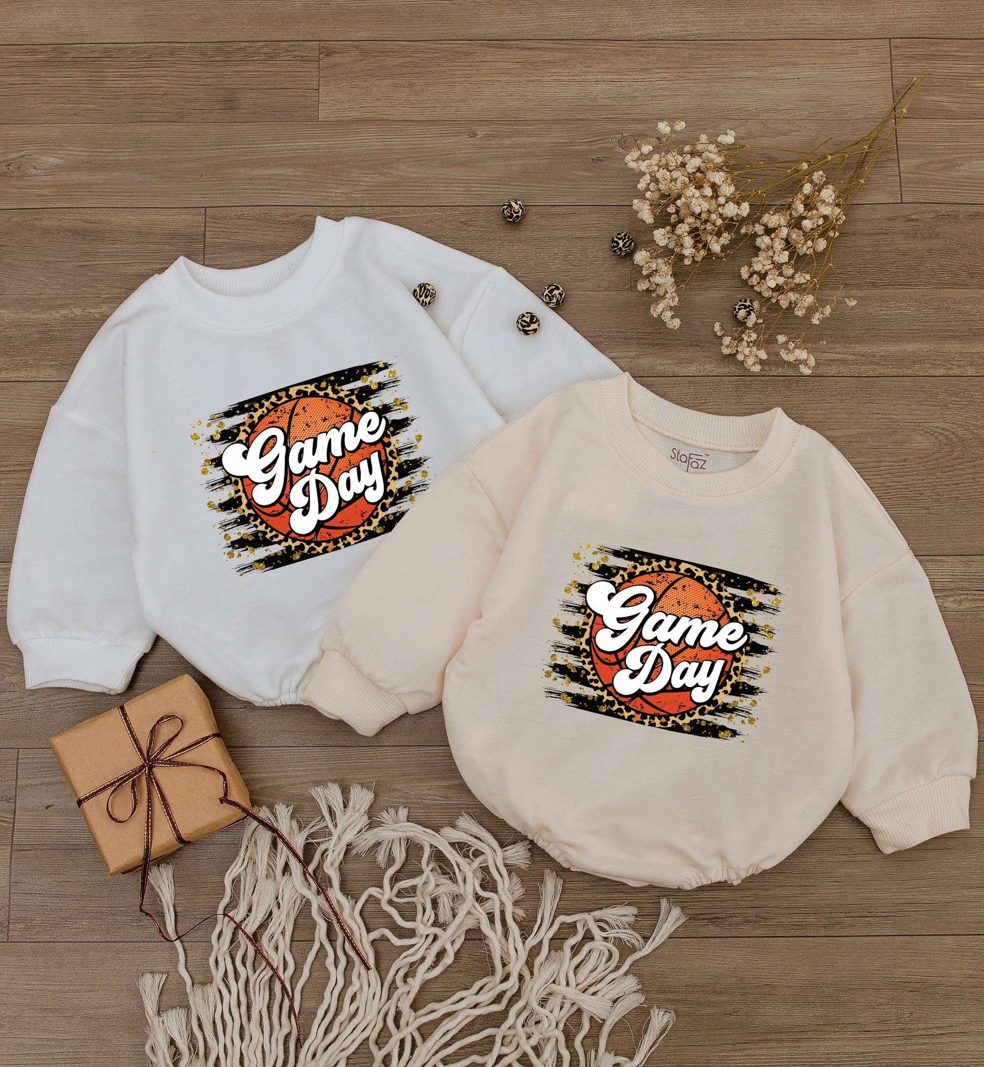 Game Day Basketball Bodysuit for Baby Girl Cheetah Print Gold Splatter Accents Fun Retro Sporty Infant Romper Outfit