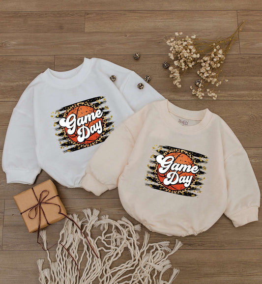 Game Day Basketball Bodysuit for Baby Girl Cheetah Print Gold Splatter Accents Fun Retro Sporty Infant Romper Outfit