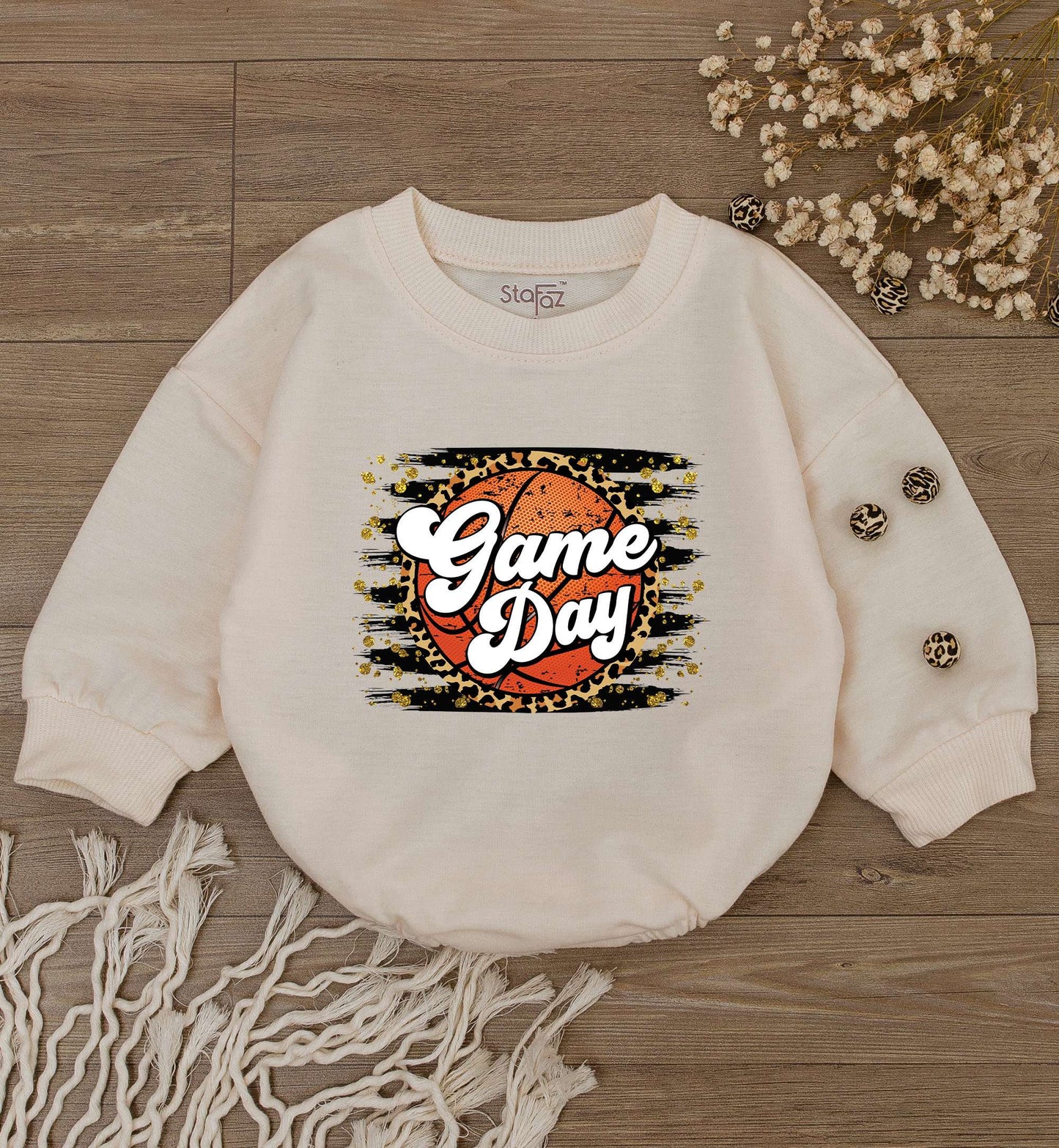 Game Day Basketball Bodysuit for Baby Girl Cheetah Print Gold Splatter Accents Fun Retro Sporty Infant Romper Outfit