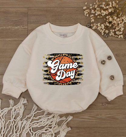 Game Day Basketball Bodysuit for Baby Girl Cheetah Print Gold Splatter Accents Fun Retro Sporty Infant Romper Outfit