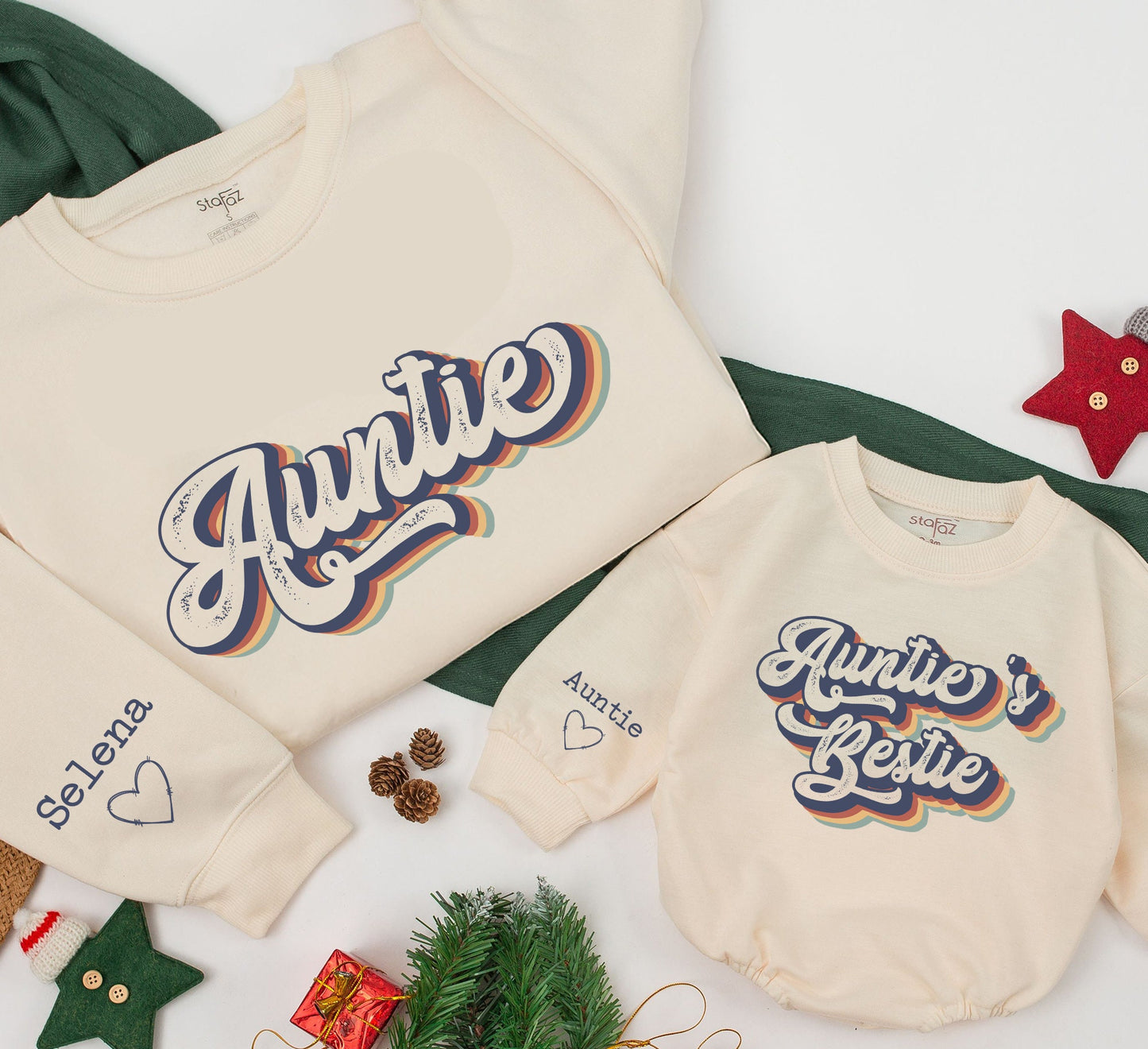 Personalized Auntie & Auntie's Bestie Matching Retro Sweatshirt Romper Set, Names & Heart Sleeves, Blue Tan Red Yellow Striped Cursive Design for Newborns Toddlers Thoughtful Gift