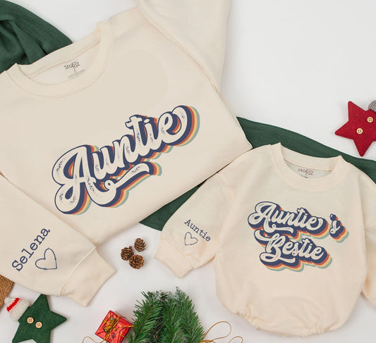 Personalized Auntie & Auntie's Bestie Matching Retro Sweatshirt Romper Set, Names & Heart Sleeves, Blue Tan Red Yellow Striped Cursive Design for Newborns Toddlers Thoughtful Gift