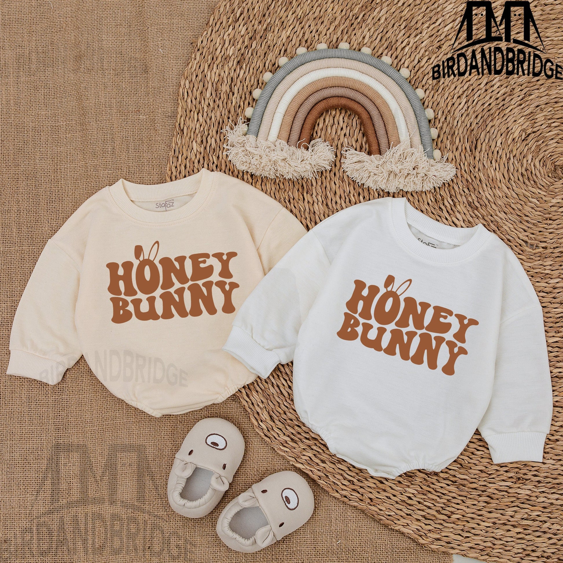 Honey Bunny Sweatshirt Bubble Romper for Baby Boys with Retro Brown Print - Adorable Easter Outfit Newborn Clothes