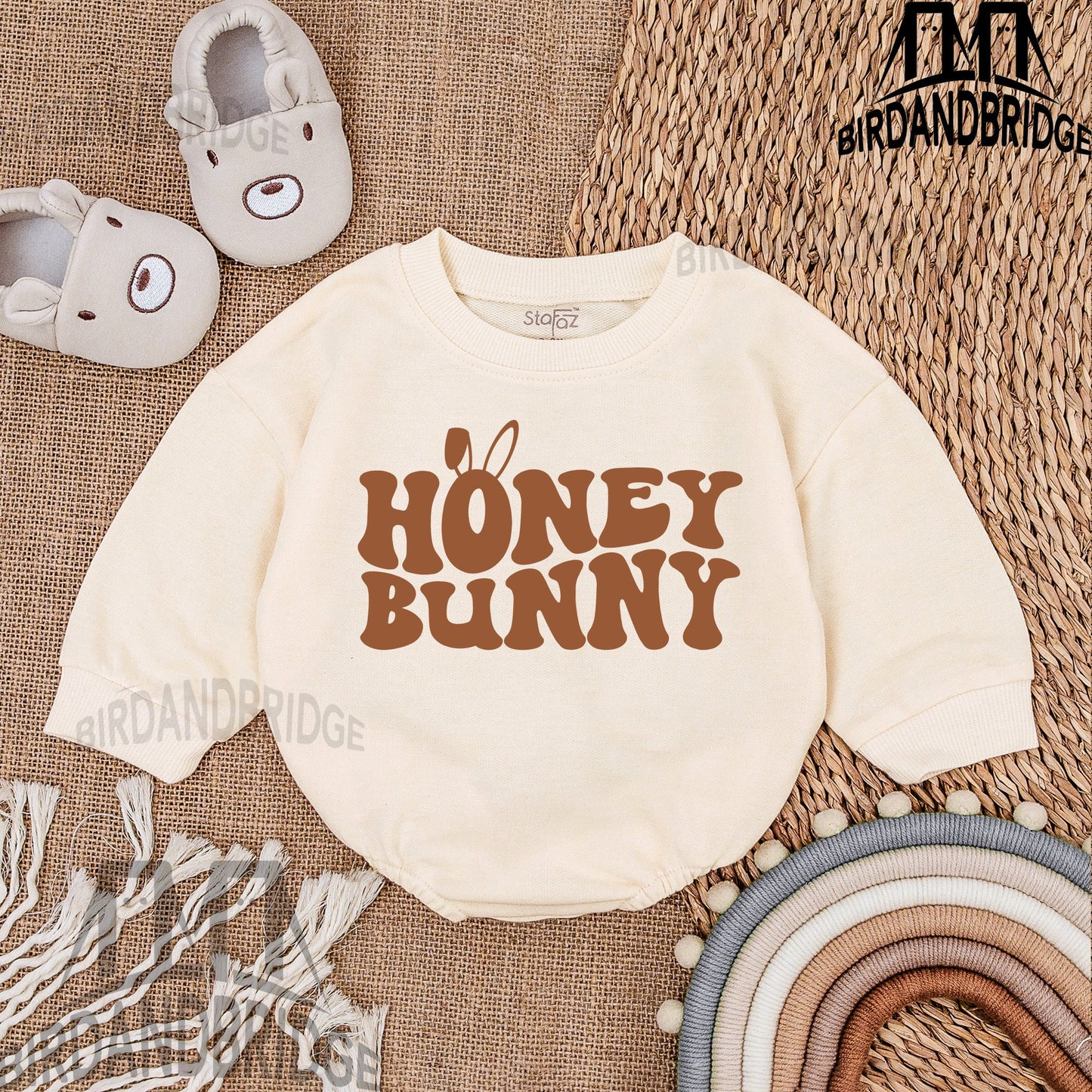 Honey Bunny Sweatshirt Bubble Romper for Baby Boys with Retro Brown Print - Adorable Easter Outfit Newborn Clothes