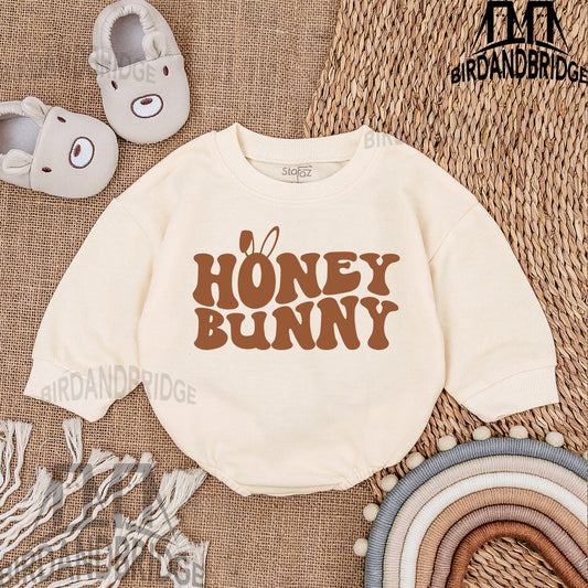 Honey Bunny Sweatshirt Bubble Romper for Baby Boys with Retro Brown Print - Adorable Easter Outfit Newborn Clothes