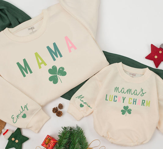 Personalized Retro Mama and Me Lucky Charm Matching Sweatshirt and Baby Romper Set for Mom Daughter Family Outfit Gift Idea Comfortable
