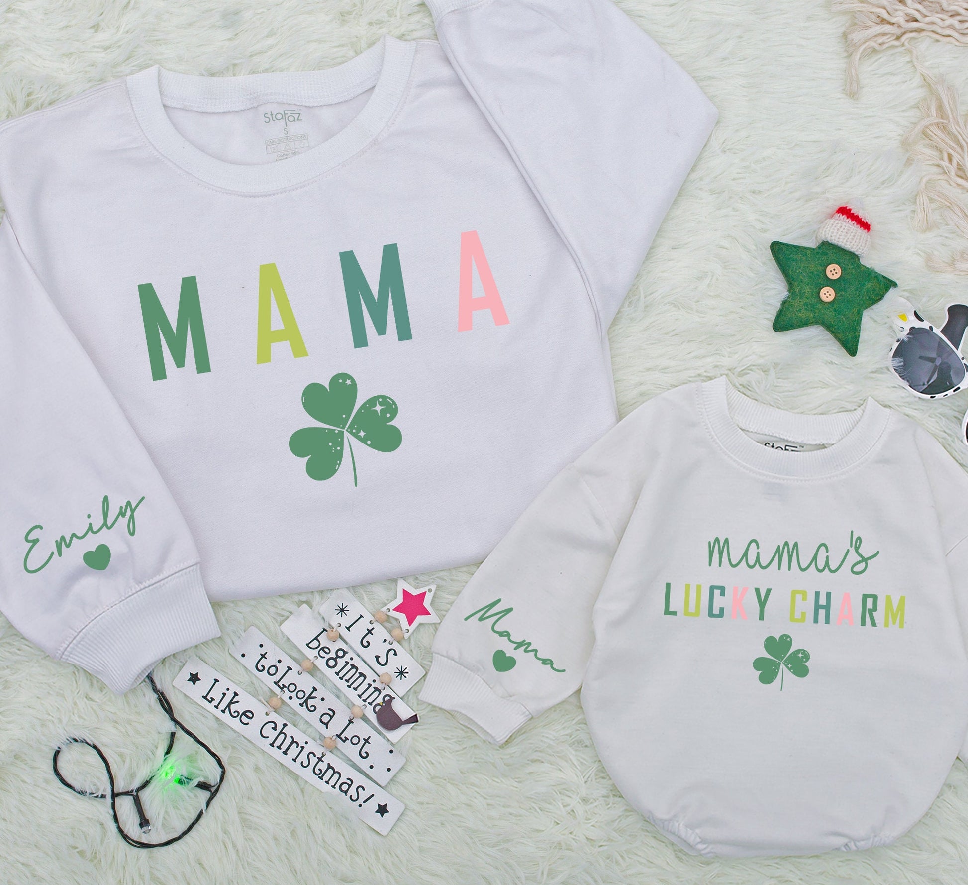Personalized Retro Mama and Me Lucky Charm Matching Sweatshirt and Baby Romper Set for Mom Daughter Family Outfit Gift Idea Comfortable