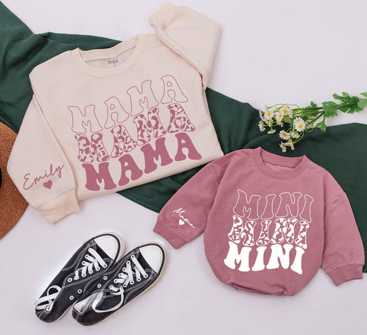 Personalized Retro Mama and Mini Sweatshirt, Valentine's Day Matching Outfits, Vintage Style, Custom Name Sleeve, Heart Detail, Groovy Mother Daughter Gift