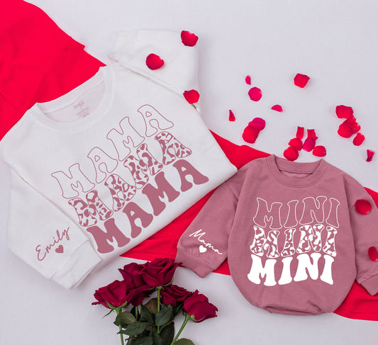Personalized Retro Mama and Mini Sweatshirt, Valentine's Day Matching Outfits, Vintage Style, Custom Name Sleeve, Heart Detail, Groovy Mother Daughter Gift