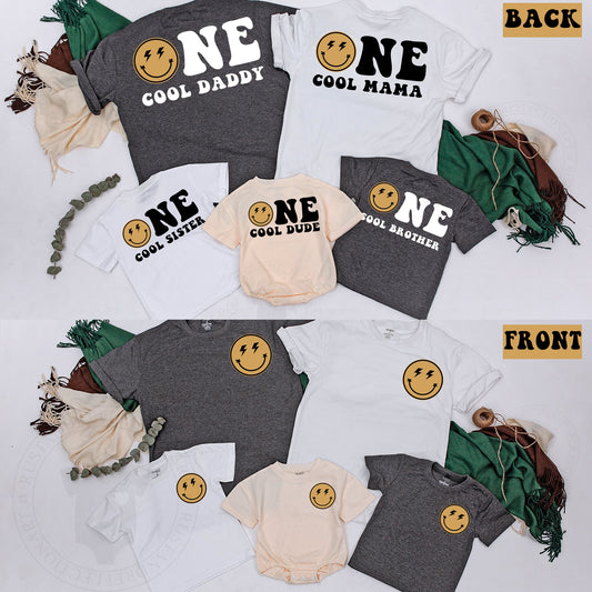 One Cool Dude 1st Birthday Shirts with Smiley Face Design Matching Mommy and Me Family Outfits for Baby Boy Party Celebration