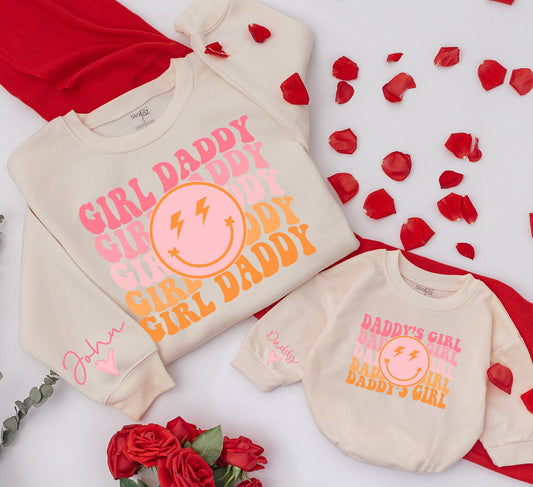 Retro Girl Daddy Sweatshirt Set - Matching Dad & Baby Outfit with Smiley Face, Lightning Bolts, & Custom Sleeves (John & Daddy) - Pink and Orange
