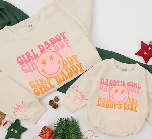 Retro Girl Daddy Sweatshirt Set - Matching Dad & Baby Outfit with Smiley Face, Lightning Bolts, & Custom Sleeves (John & Daddy) - Pink and Orange