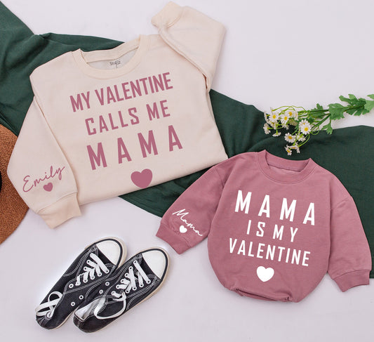 Retro Mama & Mini Valentine Sweatshirts: Personalized Name, Matching Mother Daughter Outfits, Mauve & White Heart Design, Groovy Valentines Day Gift