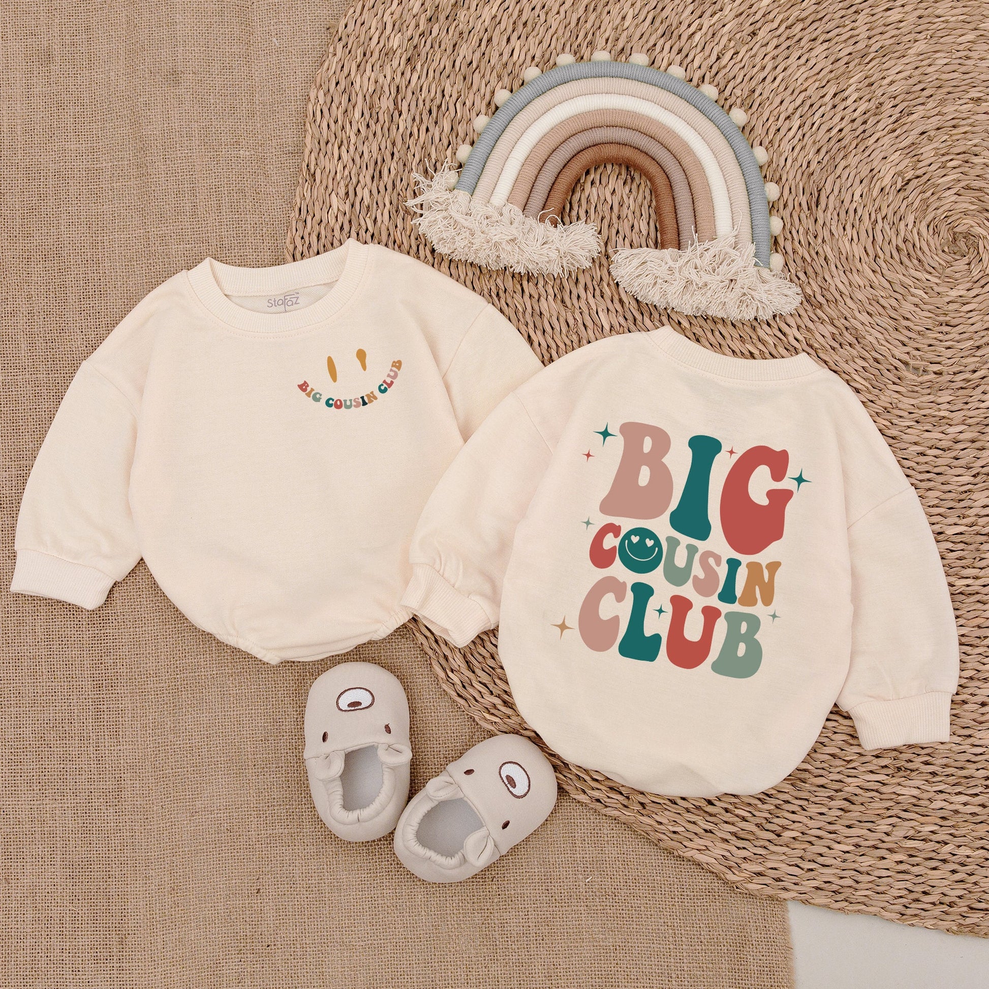 Big Cousin Club Retro Vintage Style Baby Romper & Matching Outfits for Boys and Girls with Smiley Face Graphics