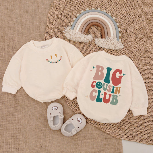 Big Cousin Club Retro Vintage Style Baby Romper & Matching Outfits for Boys and Girls with Smiley Face Graphics