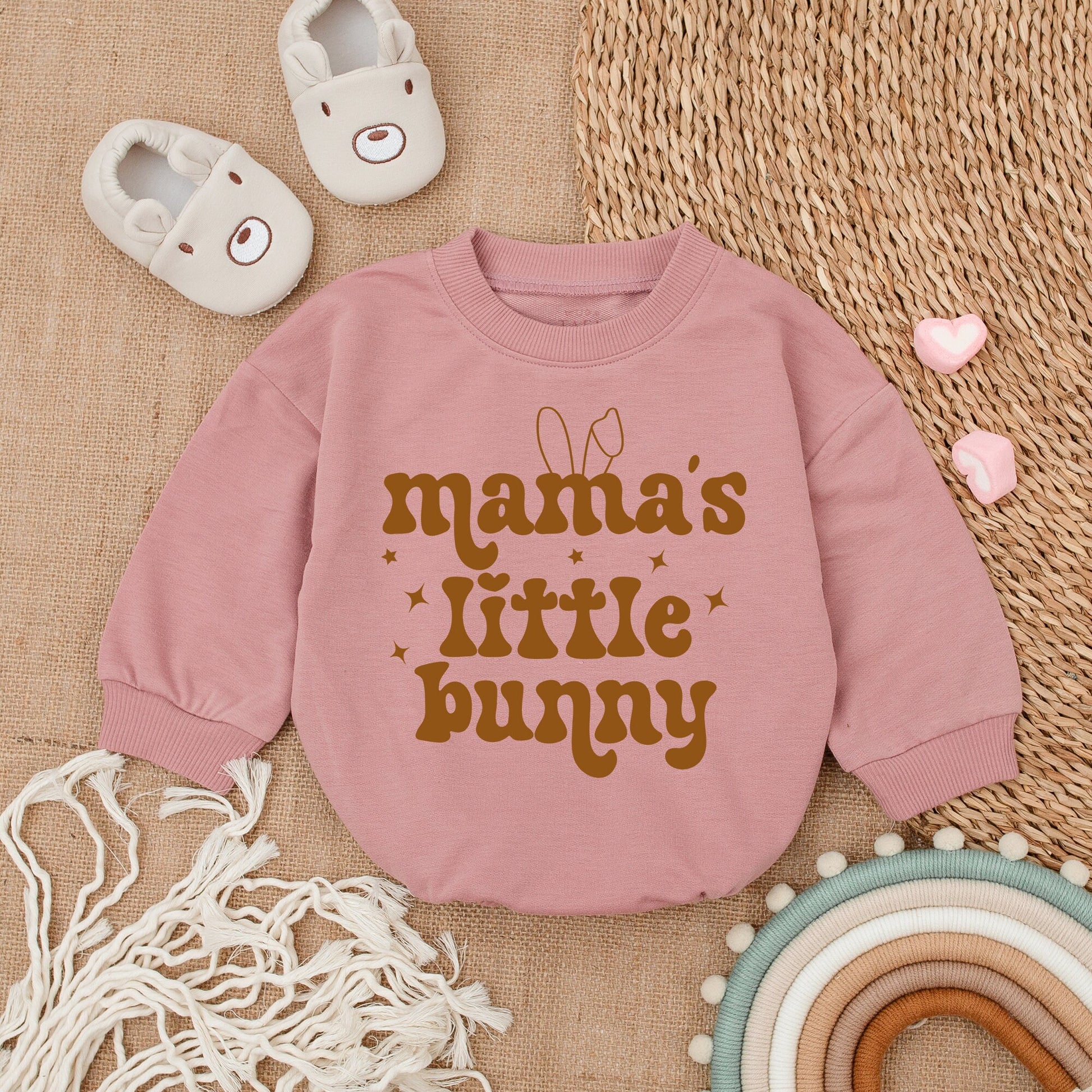 Mama's Little Bunny Easter Baby Outfit Brown Sweatshirt Romper Vintage Newborn Clothes, Cute Bunny Ears Design, Playful Holiday Baby Bodysuit Clothes (139)