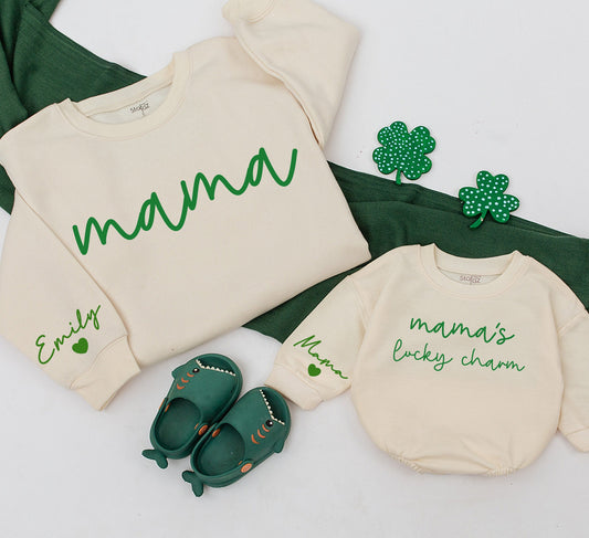 Custom Retro Mama and Lucky Charm Sweatshirt Family Matching Outfits Daughter Kid Baby Romper Gift Cozy Vibes