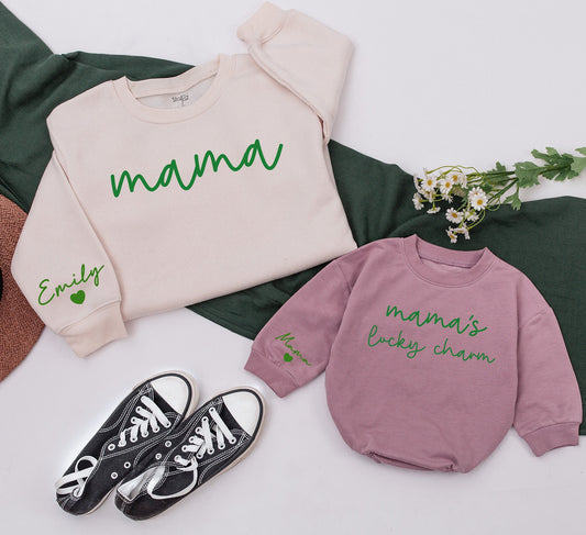 Custom Retro Mama and Lucky Charm Sweatshirt Family Matching Outfits Daughter Kid Baby Romper Gift Cozy Vibes