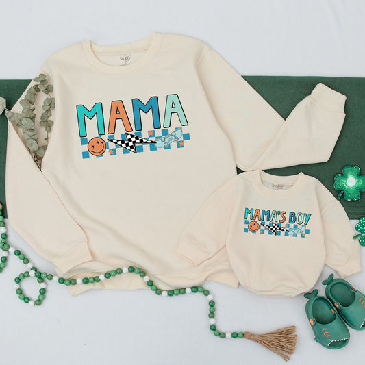 Retro Mama & Mama's Boy Matching Shirts Playful Checkered Design New Mom Gift Teal Orange Smiley Face Skateboard Star Graphic Soft Cotton Mommy and Me Baby Boy Outfit