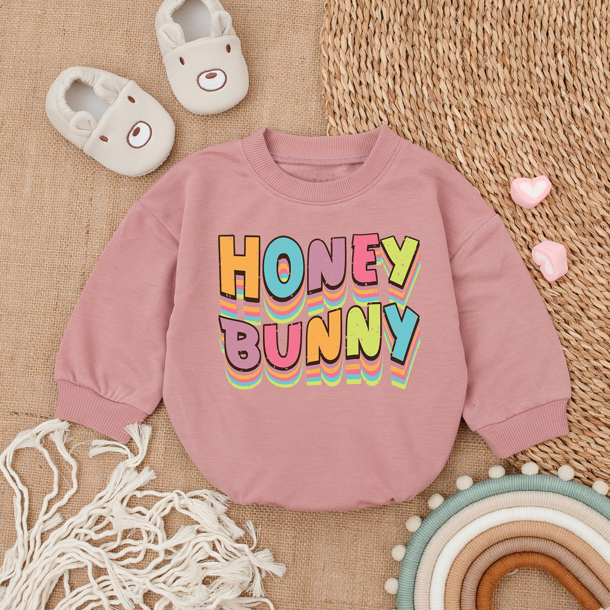 Honey Bunny Baby Boy Easter Day Outfit Sweatshirt Bubble Romper Newborn Baby Clothes Adorable Spring Bodysuit Gift for First Easter Celebration
