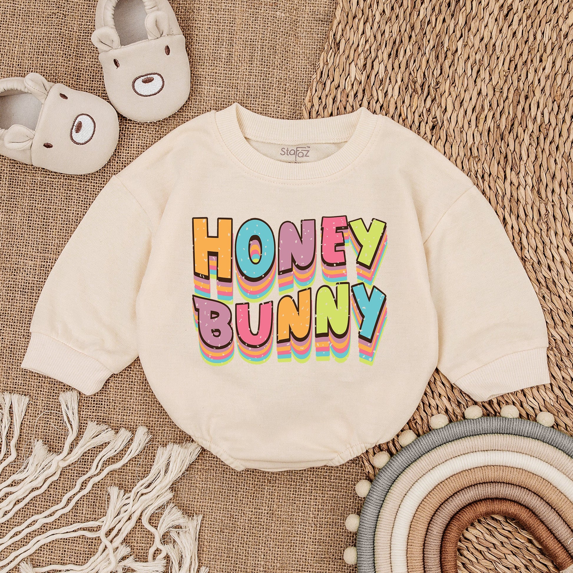 Honey Bunny Baby Boy Easter Day Outfit Sweatshirt Bubble Romper Newborn Baby Clothes Adorable Spring Bodysuit Gift for First Easter Celebration