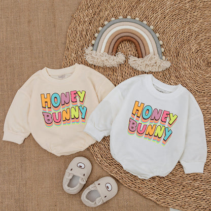 Honey Bunny Baby Boy Easter Day Outfit Sweatshirt Bubble Romper Newborn Baby Clothes Adorable Spring Bodysuit Gift for First Easter Celebration