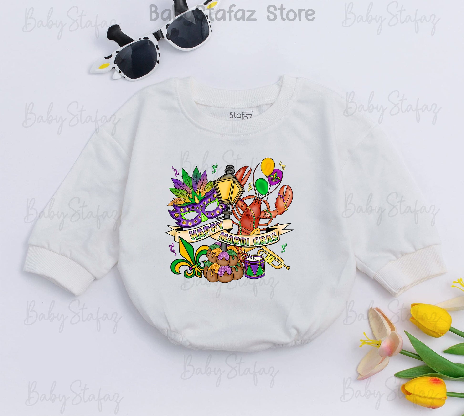 Happy Mardi Gras Baby Romper Outfit with Purple Mask, Fleur-de-lis & King Cake for Parade Celebrations, Louisiana First Costume Bodysuit, Shower Gift (139 chars)