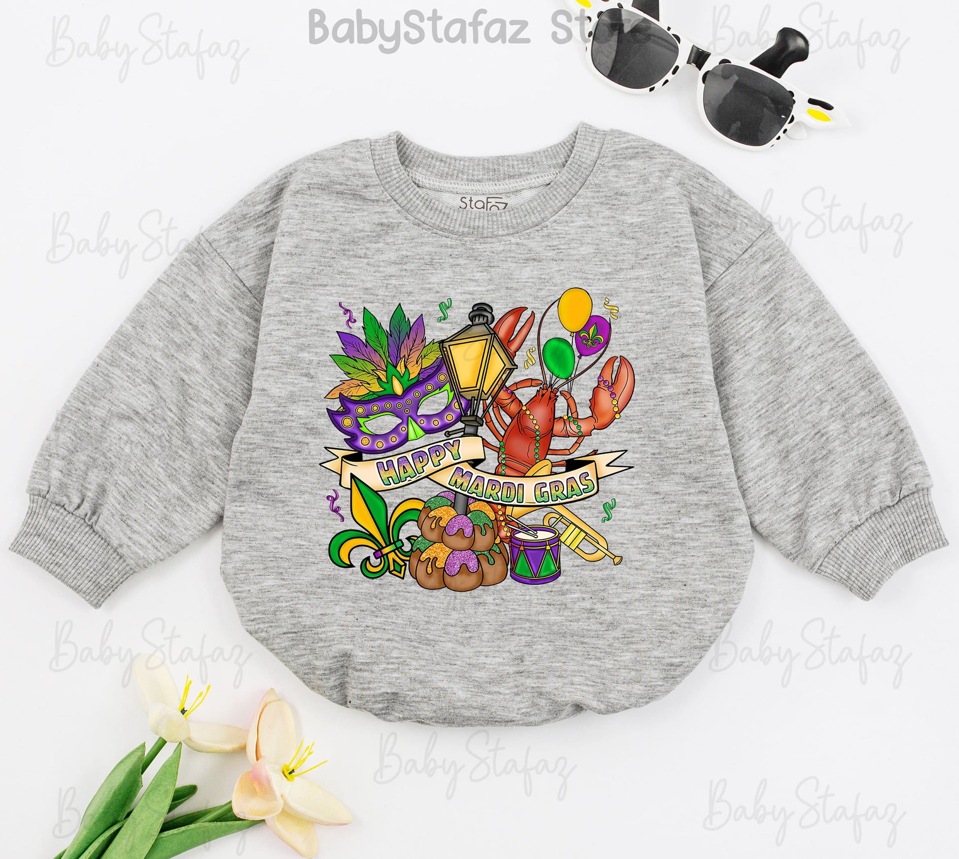 Happy Mardi Gras Baby Romper Outfit with Purple Mask, Fleur-de-lis & King Cake for Parade Celebrations, Louisiana First Costume Bodysuit, Shower Gift (139 chars)
