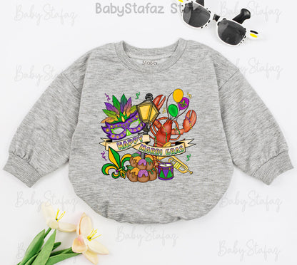 Happy Mardi Gras Baby Romper Outfit with Purple Mask, Fleur-de-lis & King Cake for Parade Celebrations, Louisiana First Costume Bodysuit, Shower Gift (139 chars)