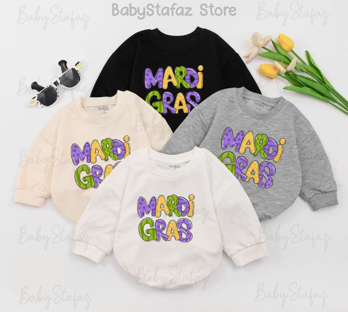 Mardi Gras Baby Romper Festive Yellow Green Purple Patterned Outfit for Girls and Toddlers Baby Shower Gift First Mardi Gras Parade Celebration