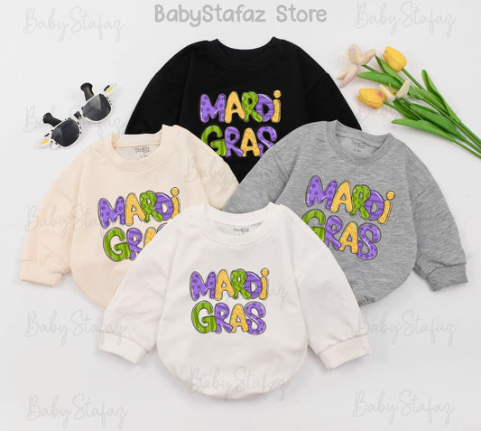 Mardi Gras Baby Romper Festive Yellow Green Purple Patterned Outfit for Girls and Toddlers Baby Shower Gift First Mardi Gras Parade Celebration