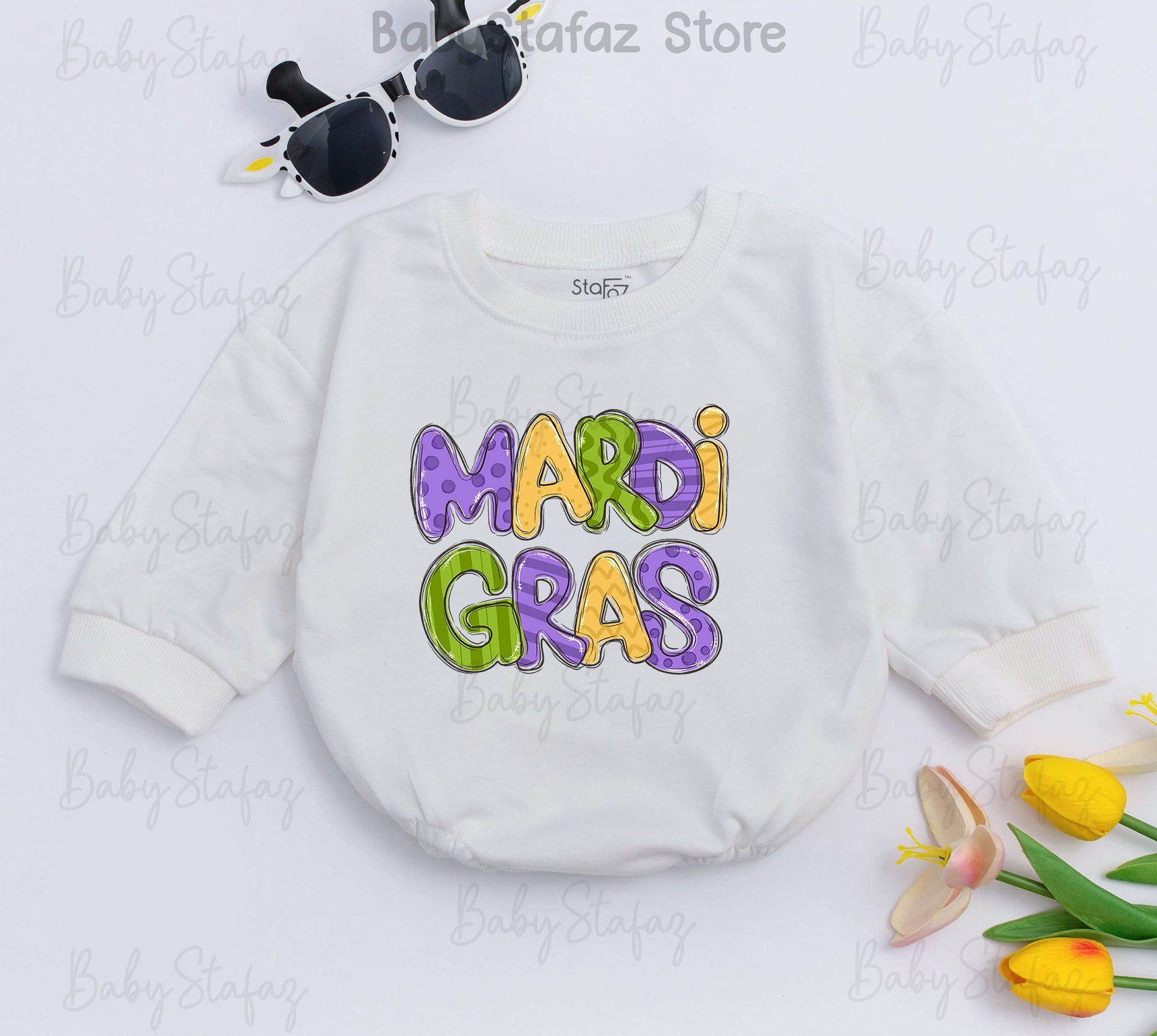 Mardi Gras Baby Romper Festive Yellow Green Purple Patterned Outfit for Girls and Toddlers Baby Shower Gift First Mardi Gras Parade Celebration