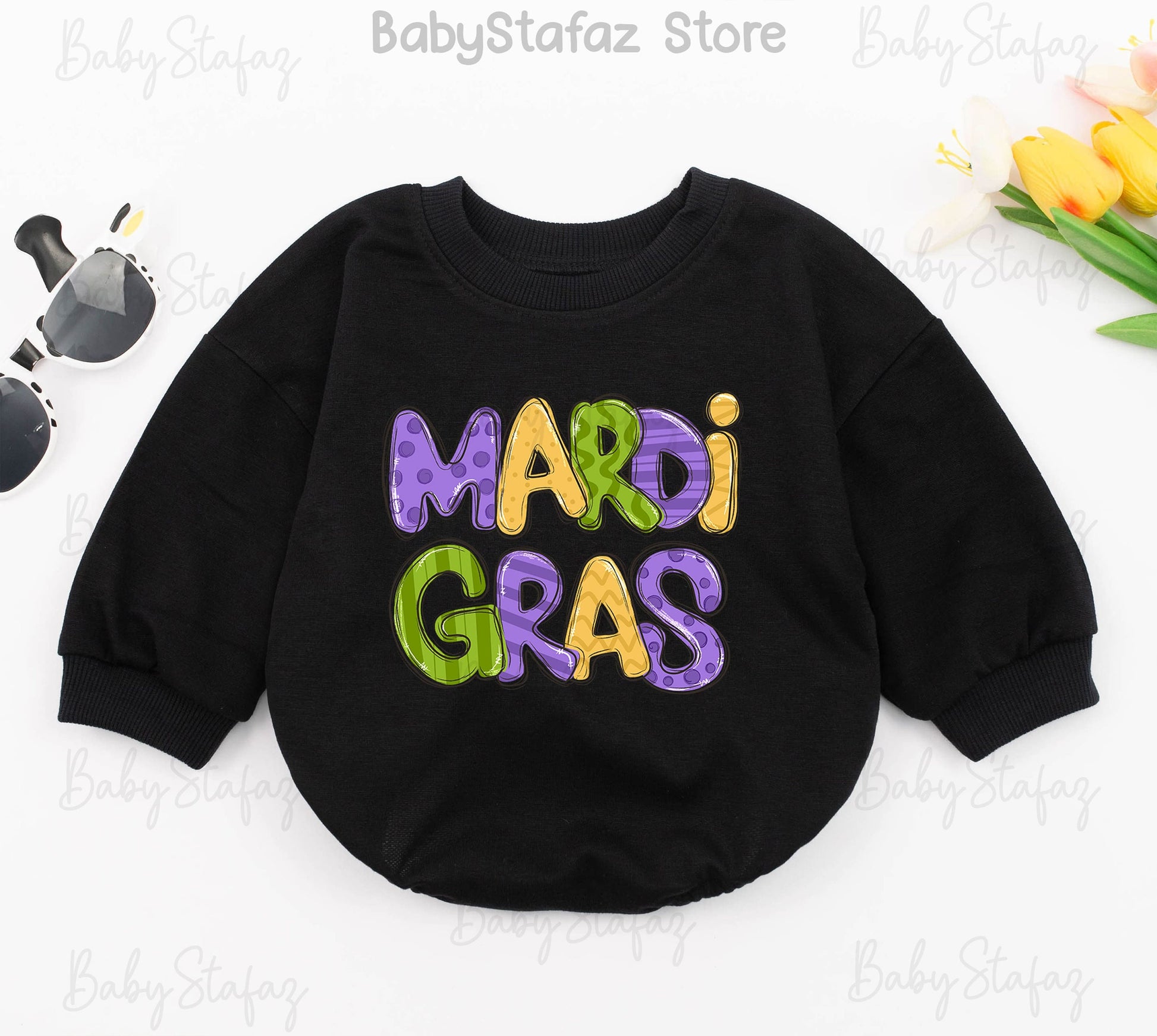 Mardi Gras Baby Romper Festive Yellow Green Purple Patterned Outfit for Girls and Toddlers Baby Shower Gift First Mardi Gras Parade Celebration