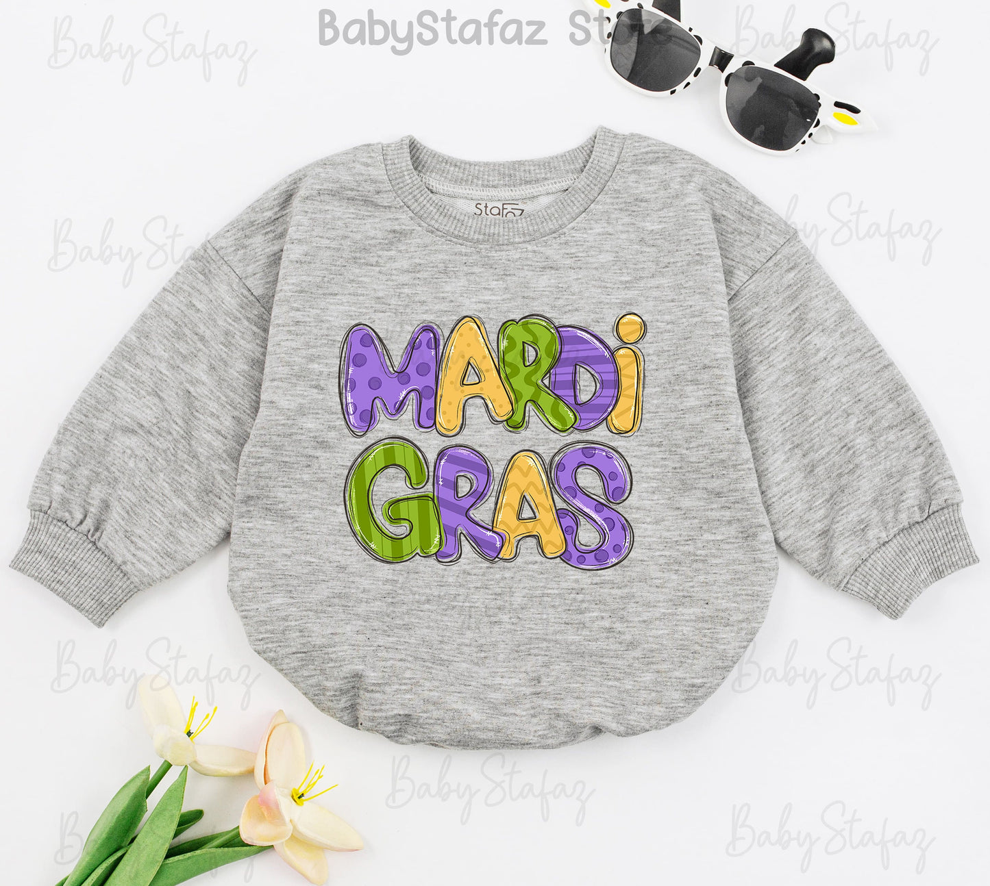 Mardi Gras Baby Romper Festive Yellow Green Purple Patterned Outfit for Girls and Toddlers Baby Shower Gift First Mardi Gras Parade Celebration