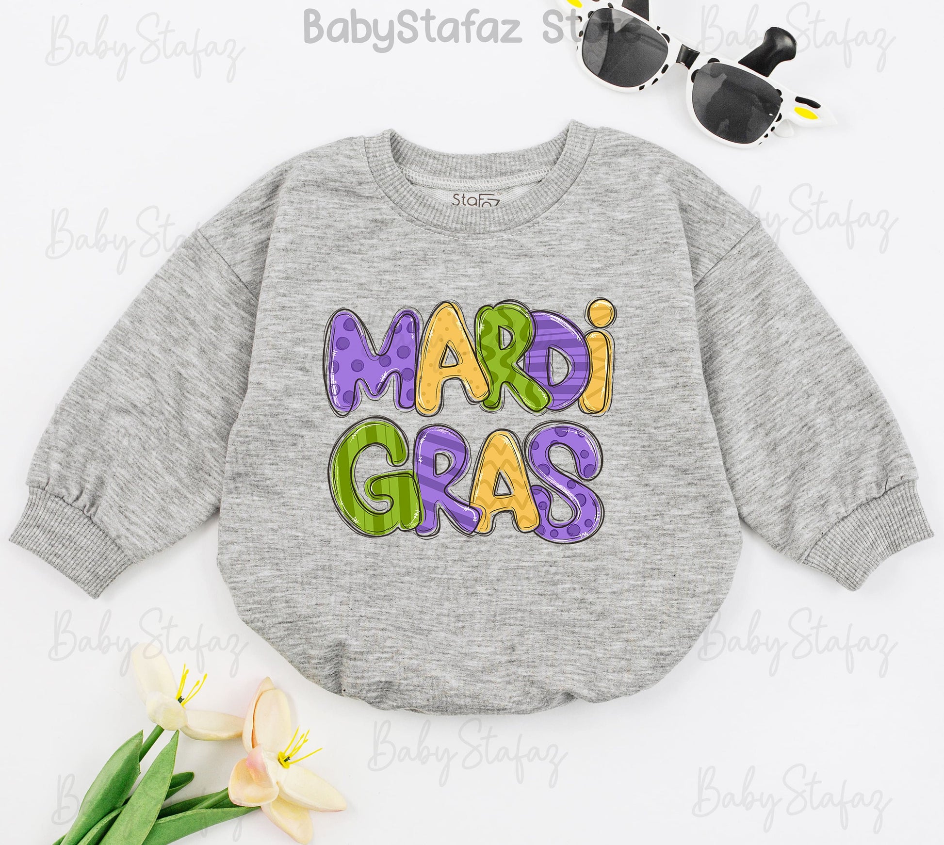Mardi Gras Baby Romper Festive Yellow Green Purple Patterned Outfit for Girls and Toddlers Baby Shower Gift First Mardi Gras Parade Celebration