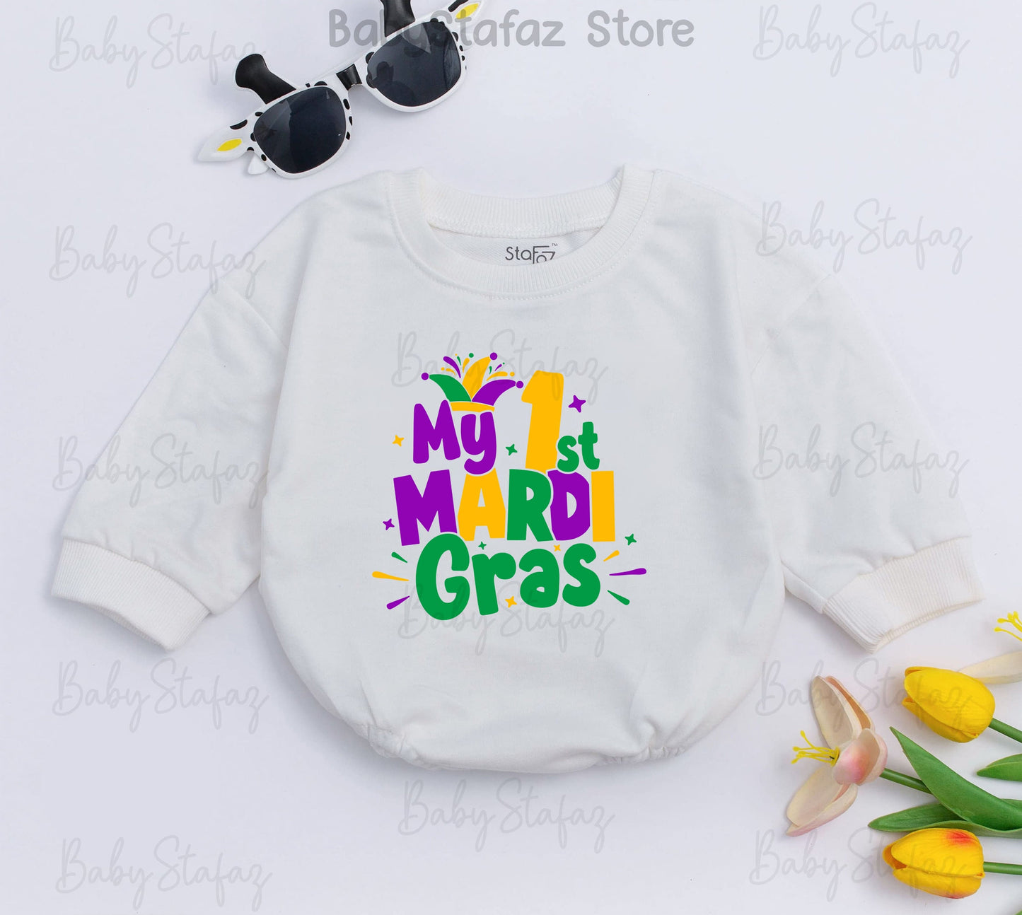 My First Mardi Gras Baby Romper, Cheerful Jester Design, Purple, Green, Gold Outfit for Baby, Parade Ready, Cute Newborn Clothes, Louisiana Gift (139 chars)