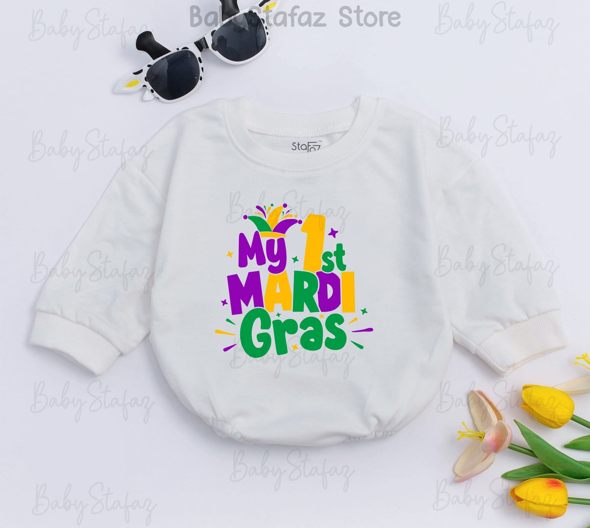 My First Mardi Gras Baby Romper, Cheerful Jester Design, Purple, Green, Gold Outfit for Baby, Parade Ready, Cute Newborn Clothes, Louisiana Gift (139 chars)