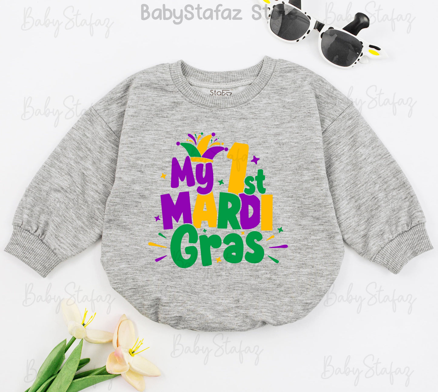 My First Mardi Gras Baby Romper, Cheerful Jester Design, Purple, Green, Gold Outfit for Baby, Parade Ready, Cute Newborn Clothes, Louisiana Gift (139 chars)
