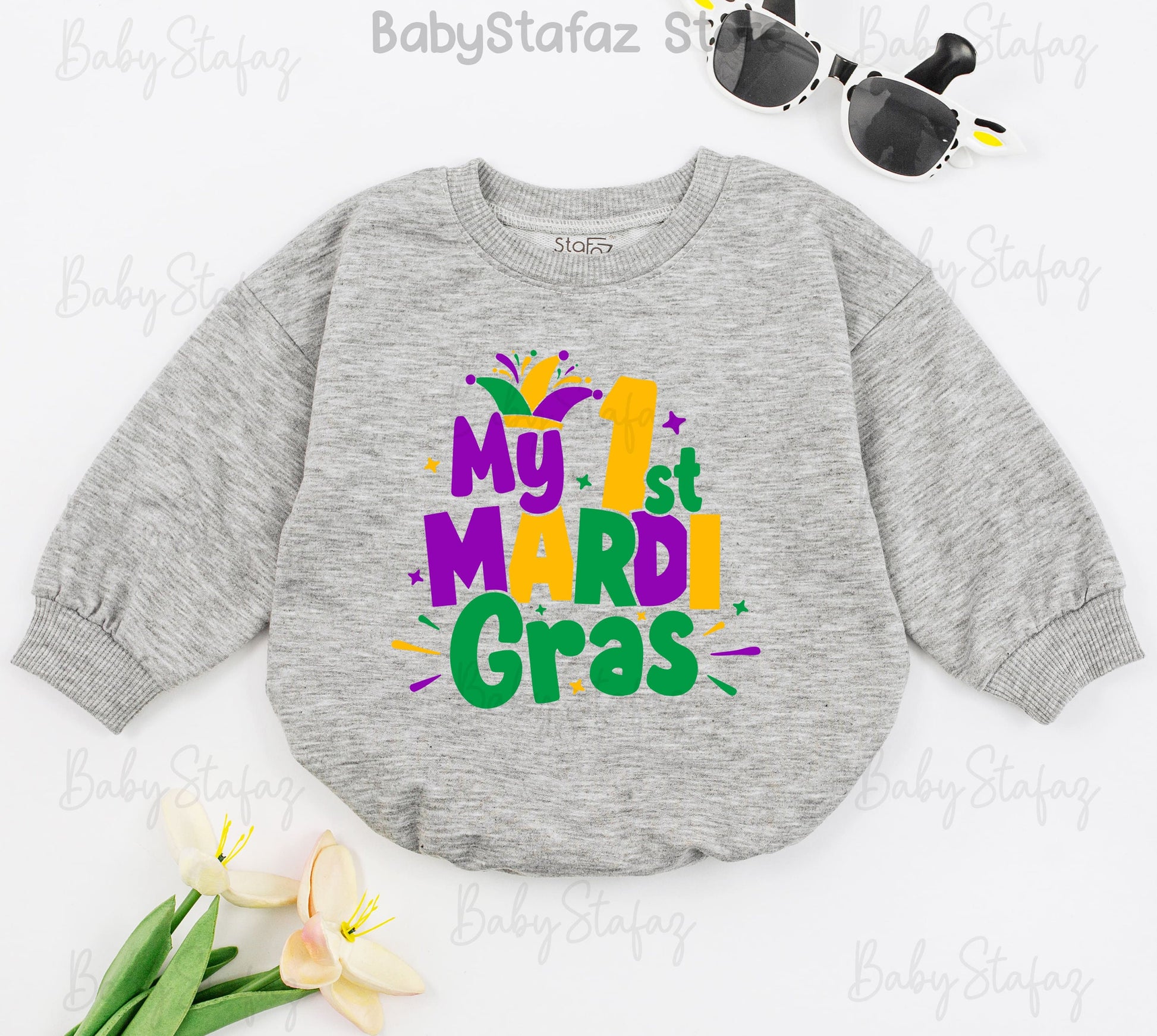 My First Mardi Gras Baby Romper, Cheerful Jester Design, Purple, Green, Gold Outfit for Baby, Parade Ready, Cute Newborn Clothes, Louisiana Gift (139 chars)