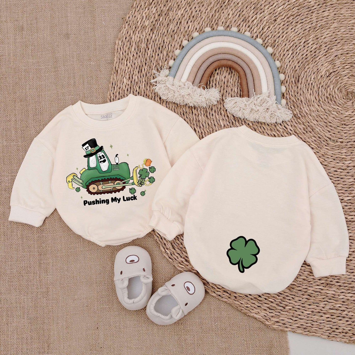 St Patrick's Day Baby Romper with Pushing My Luck Bulldozer Design Green Shamrocks Pot of Gold Leprechaun Hat Light Mauve Newborn Outfit