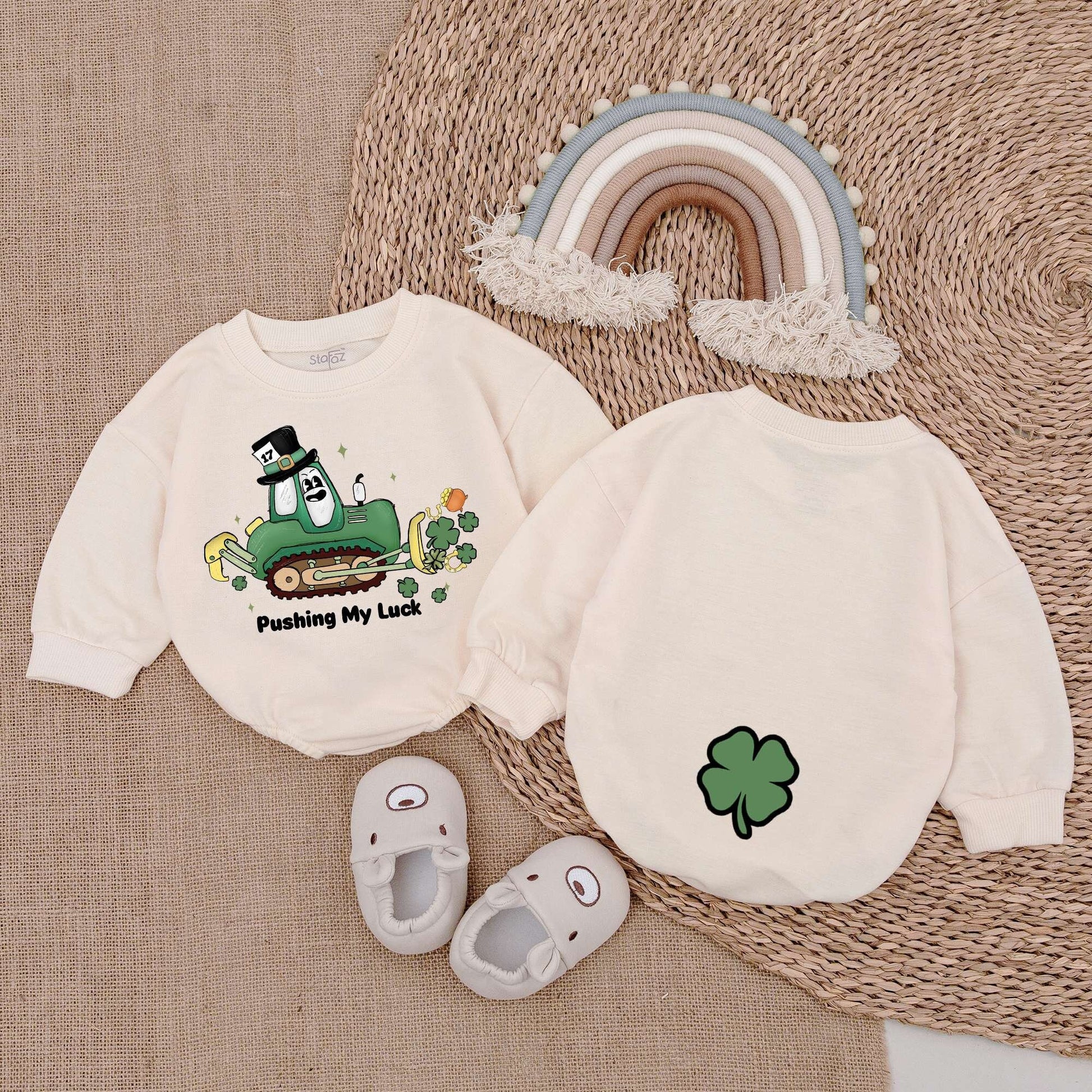 St Patrick's Day Baby Romper with Pushing My Luck Bulldozer Design Green Shamrocks Pot of Gold Leprechaun Hat Light Mauve Newborn Outfit