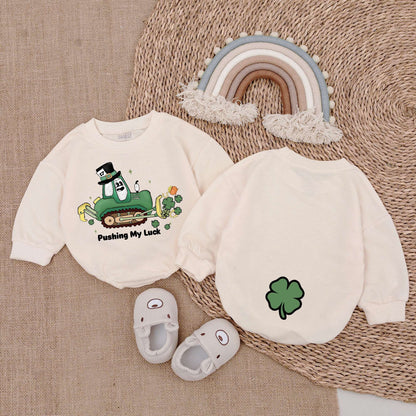 St Patrick's Day Baby Romper with Pushing My Luck Bulldozer Design Green Shamrocks Pot of Gold Leprechaun Hat Light Mauve Newborn Outfit