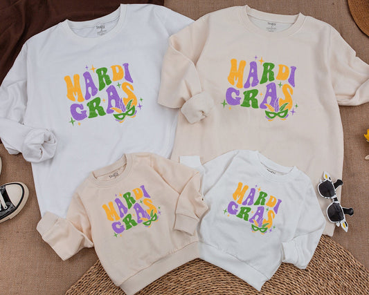 Retro Mardi Gras Sweatshirt Parade Crew Sweater Baby Toddler Kids Mama and Mini Matching Celebration Outfit Louisiana Party Gift