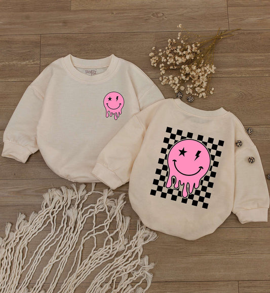 Smiley Face Girl Baby Romper Retro Checkered Sweatshirt Cute Kid Outfit Baby Shower Gift Newborn Clothes