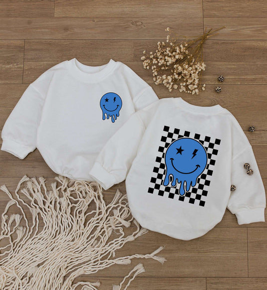 Smiley Face Baby Boy Romper & Checkered Sweatshirt Outfit - Cute Retro Design for Baby Shower Gift, Newborn Clothes, First Birthday Boy