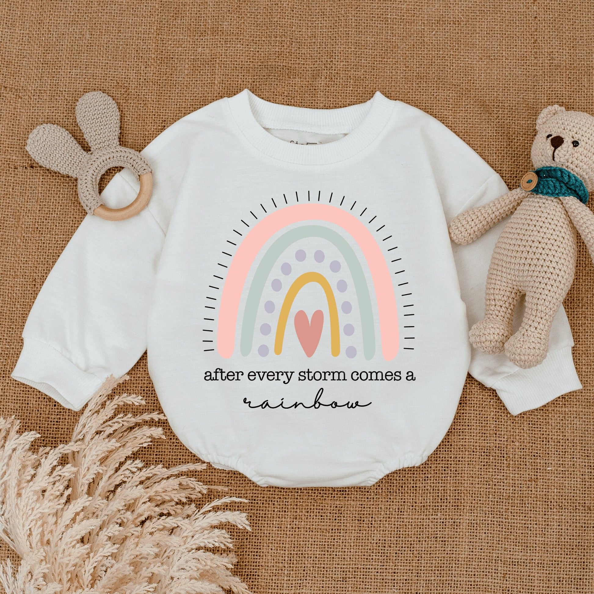 After Every Storm Rainbow Romper Baby Girl Gift Announcement, Retro Boho Newborn Clothes, Miracle Baby Shower Gift, Coming Soon Pregnancy Reveal
