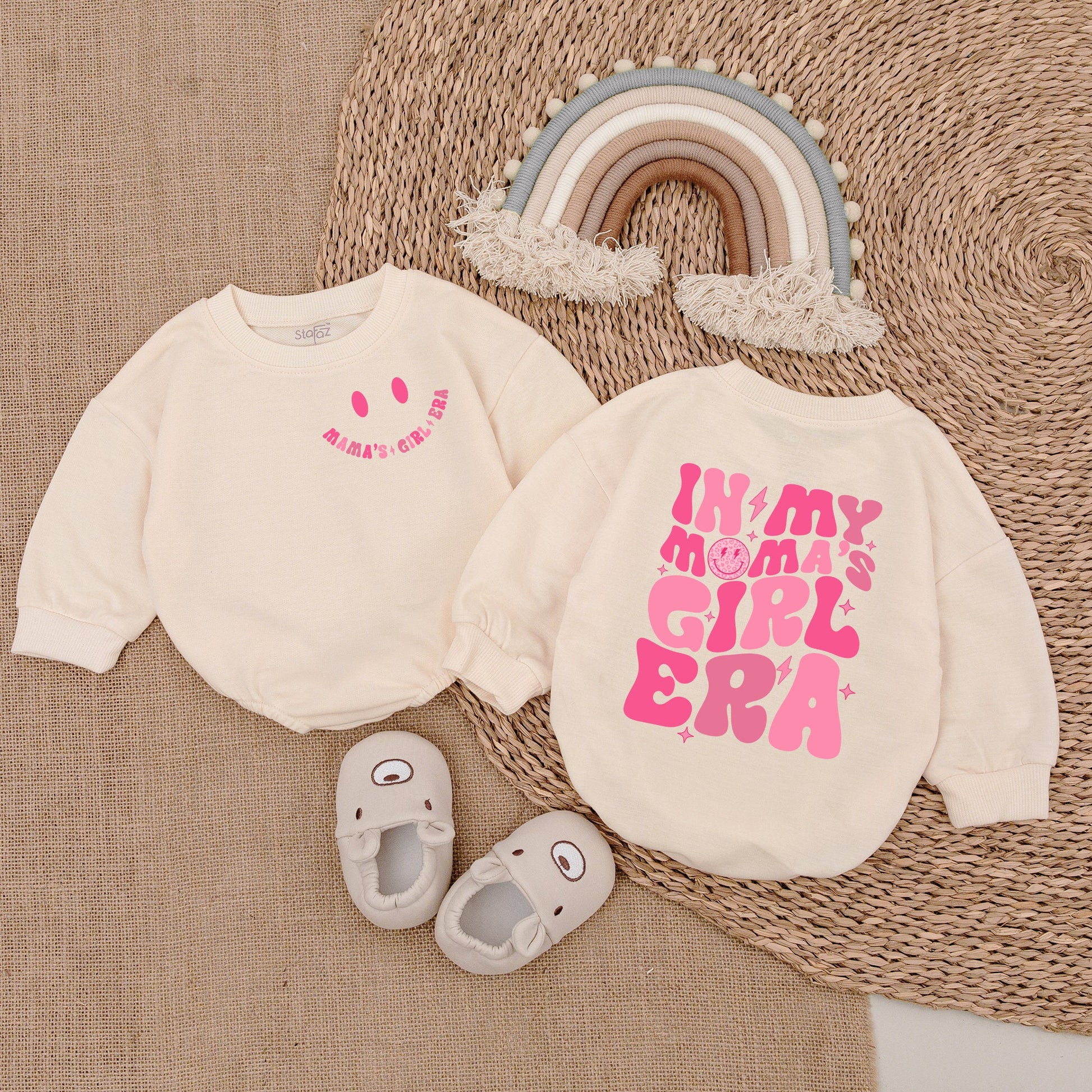 Mama's Girl Era Baby Romper: Retro Pink Smiley Face Bodysuit for Mommy's Bestie! Newborn Outfit with Stars & Lightning Bolts, Trendy Girl Gift 138 chars